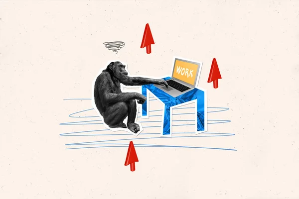 Çizgi Roman Maymun Öğrenme Kolaj Resmi Modern Cihaz Izole Çizim — Stok fotoğraf