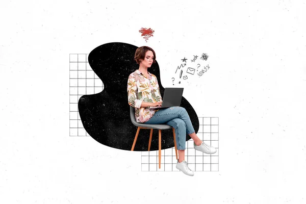 Creative Photo Collage Template Illustration Serious Busy Woman Freelancer Working — Stock Photo, Image