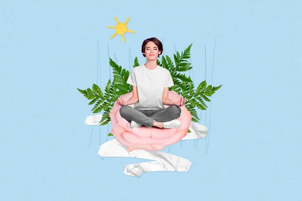 Creative Photo Collage Illustration Peaceful Cheerful Relaxed Girl Sitting Meditating — Stock Photo, Image