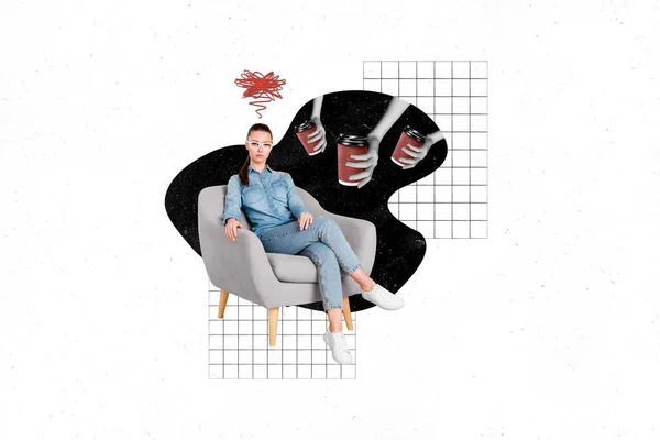 Kreative Collage Porträt Von Gleichgesinnten Müde Mädchen Sitzen Sessel Schwarz — Stockfoto