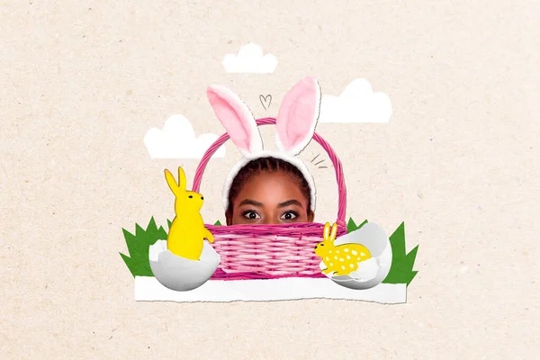 Artwork magazine collage picture of shy funny lady wear easter headband hiding basket isolated drawing background.