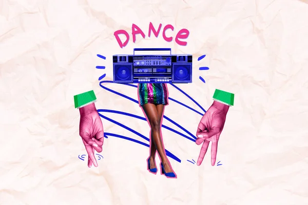 Kadın Müzik Kutusunun Kolaj Grafikleri Baş Yürüyen Bacaklar Yerine Arka — Stok fotoğraf