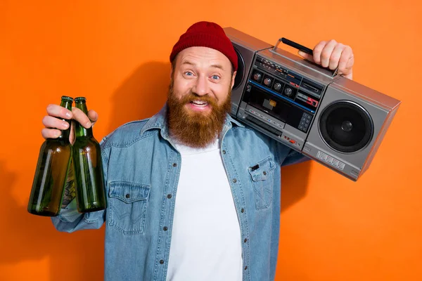 Photo Young Virile Excited Optimistic Guy Listen Vintage Boombox Hold — Stock Photo, Image