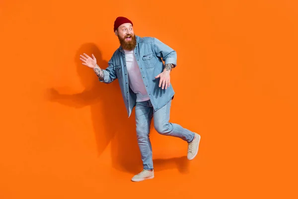 Full Length Photo Cool Excited Guy Dressed Denim Jacket Dancing — Stock Photo, Image