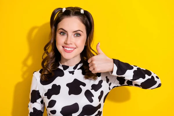 Portrait Young Attractive Smile Lady Wear Cowskin Shirt Thumb Enjoy — Stock Photo, Image