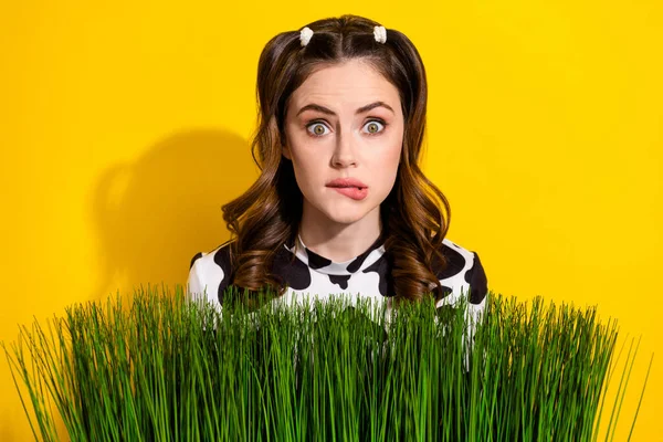 ショックを受けた女性の写真夏の緑の草の牧草地で非表示明るい色の背景に隔離された新鮮な牛乳広告 — ストック写真