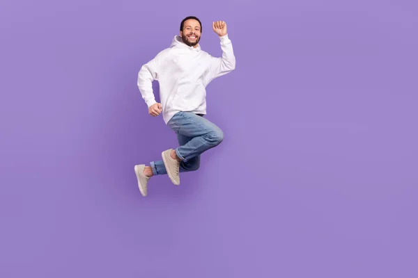 Full Body Picture Young Overjoyed Man Running Jumping Feel His — Stock Photo, Image