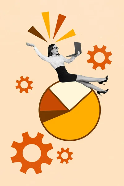 興奮したビジネス女性の垂直アートワークのコラージュは何かを読むレポート図統計投資収入のお金の絵の背景 — ストック写真
