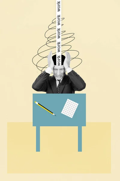 Colagem Vertical Homem Sobrecarregado Cabeça Cérebros Dor Ocupação Nenhuma Ideia — Fotografia de Stock