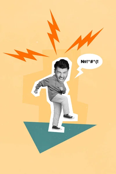 Плакат Колаж Банер Божевільний Божевільний Молодий Хлопець Відчуває Агресію Кричати — стокове фото