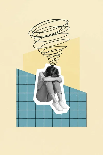 Collage Foto Diseño Compuesto Una Joven Sentada Deprimida Frustrada Acurruca —  Fotos de Stock