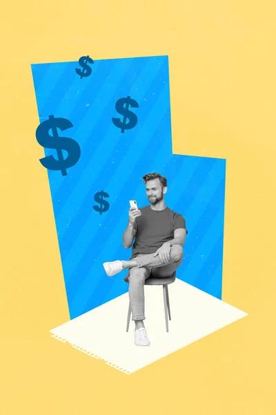 Şadamı Başarılı Kripto Yatırımcılarının Yaratıcı Kolajı Mavi Sarı Arka Planda — Stok fotoğraf
