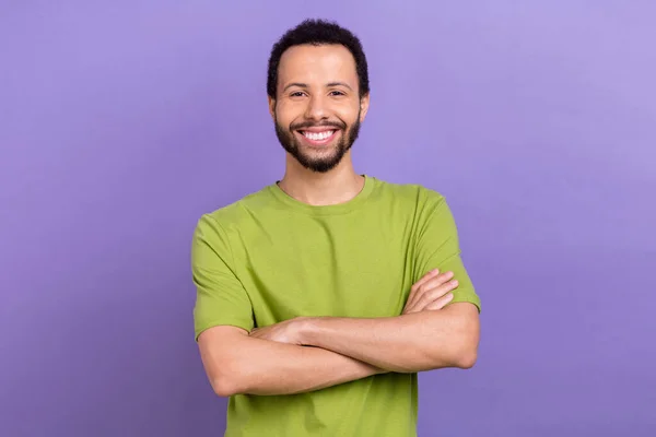 stock image Photo of positive friendly guy crossed arms beaming smile isolated on violet color background.