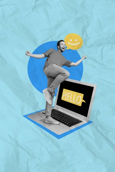 Creative graphics collage image of excited funky guy texting hello instagram twitter telegram facebook isolated drawing background.