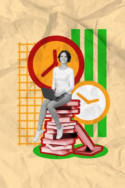 Plantilla Ilustración Creativa Vertical Collage Fotos Mujer Positiva Inteligente Sentarse — Foto de Stock