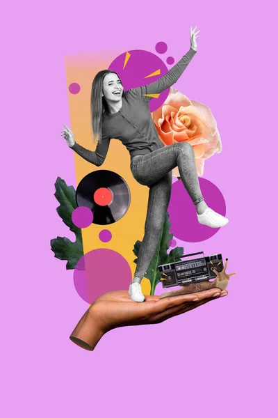 Photo Collage Grafika Minimalny Obraz Uśmiechnięty Funky Pani Taniec Boom — Zdjęcie stockowe
