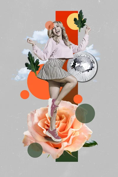 Collage Pinup Pop Retro Sketch Image Happy Smiling Lady Dancing — Stock Photo, Image