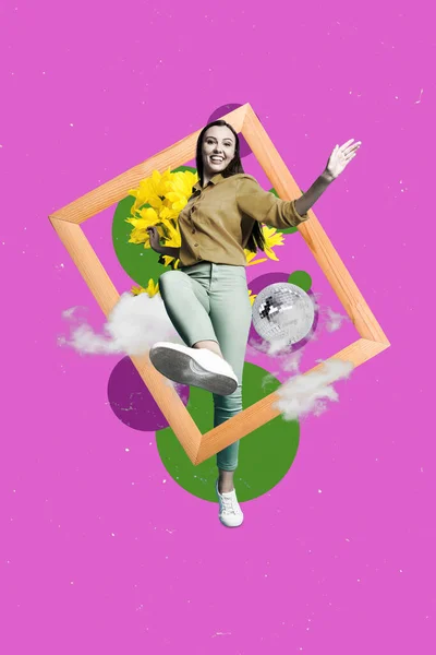 笑顔の幸せな女性の創造的なレトロな3D雑誌のコラージュイメージ花を取得楽しい孤立した絵画の背景を持っています — ストック写真