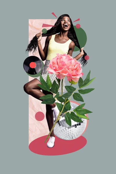 3Dレトロ抽象的な創造的なアートワークテンプレート花を楽しんで興奮した幸せな女性のコラージュ孤立した絵画の背景 — ストック写真