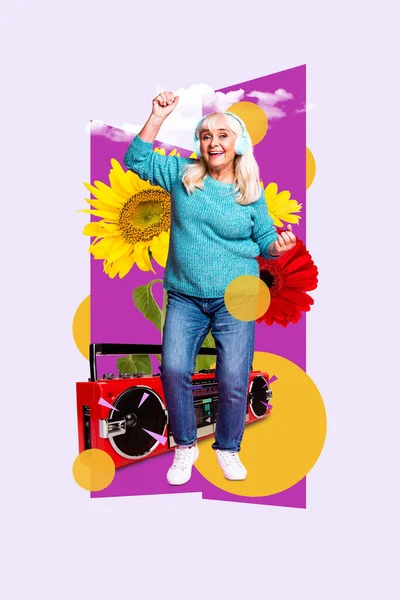 Collage Artwork Graphics Picture Cool Funky Senior Lady Feeling Young — Stock Photo, Image