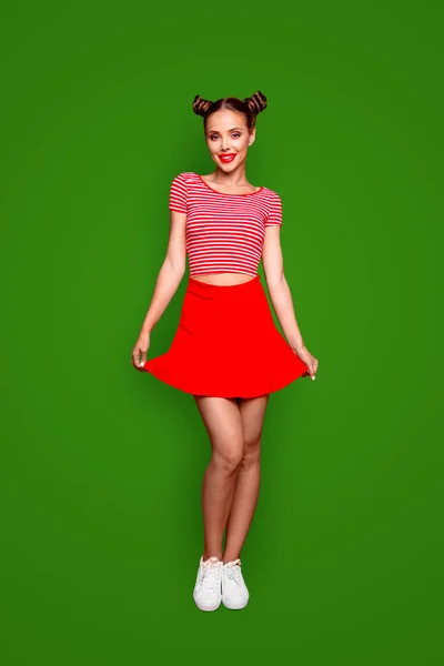 Full Length Vertical Portrait Cute Young Girl Wear Red Skirt — Stock Photo, Image