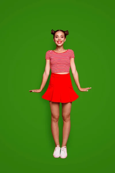 Full Length Vertical Portrait Happy Young Girl Wear Red Skirt — Stock Photo, Image