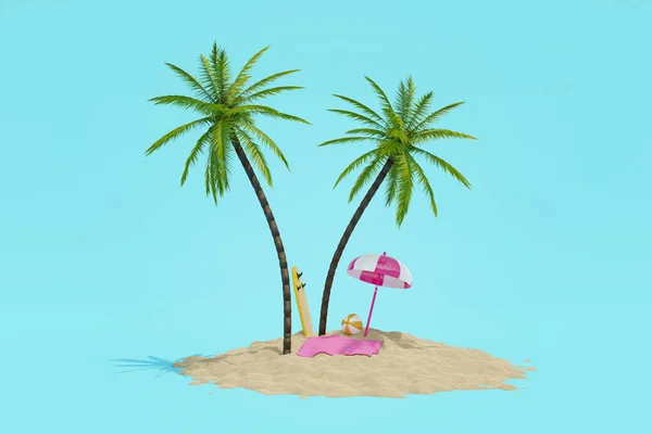 Realistiska Collage Vackra Tropiska Med Kokospalm Träd Sola Surfa Grejer — Stockfoto