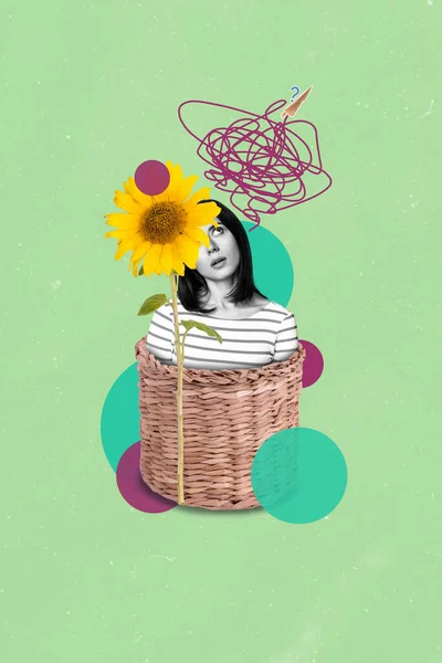 艺术品杂志的拼贴图片不确定的女士在篮子里生长向日葵孤立的背景 — 图库照片