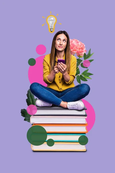 Collage artwork graphics picture of dreamy lady sitting book stack online shopping modern device isolated colorful background.