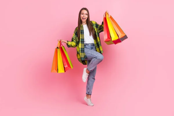 Full Body Portrait Cheerful Pretty Lady Hold Shopping Bags Good — Stock Photo, Image