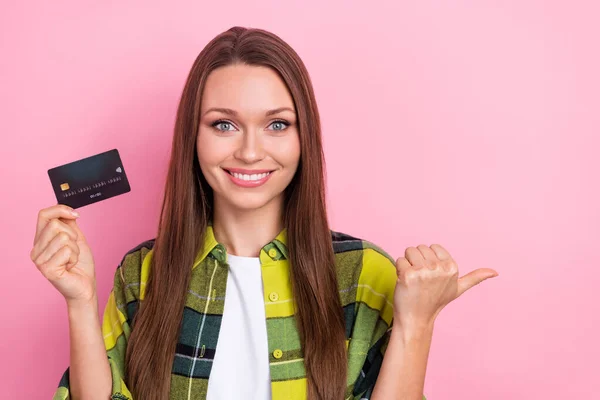 Portrait Pretty Positive Girl Beaming Smile Hold Debit Card Indicate — Stock Photo, Image