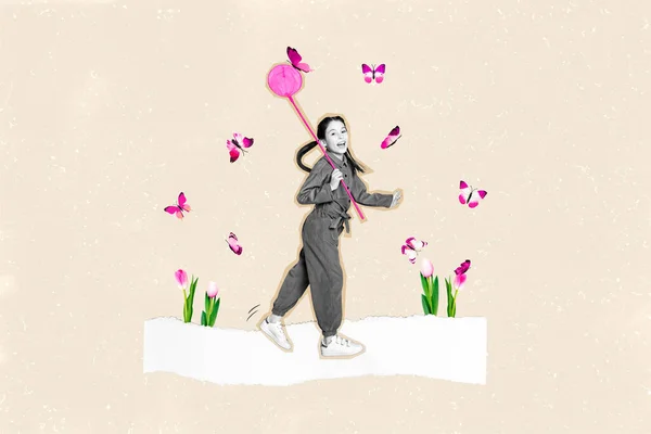 素面朝天的黑白花女孩手持网捕蝴蝶在米色背景下散步的富有创意的拼图 — 图库照片