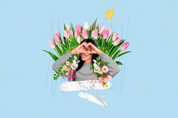 Imagem Colagem Composta Mini Positivos Mãos Menina Mostrando Gesto Coração — Fotografia de Stock