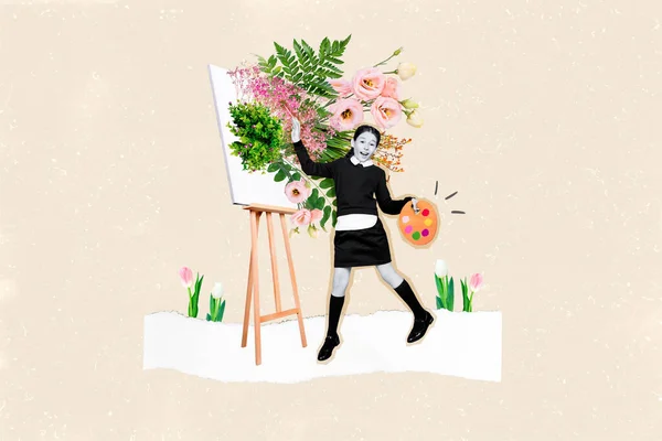 黑白相间的富有创意的拼贴肖像画 积极的女孩在画的背景上画着新鲜的春花 — 图库照片