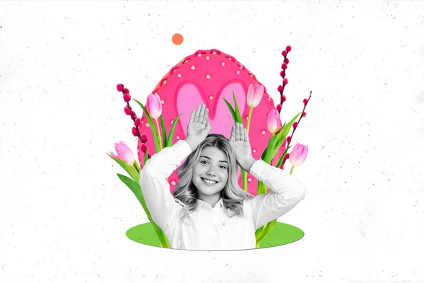 Arte Revista Collage Imagen Señora Sonriente Divertida Celebrando Pascua Aislado —  Fotos de Stock
