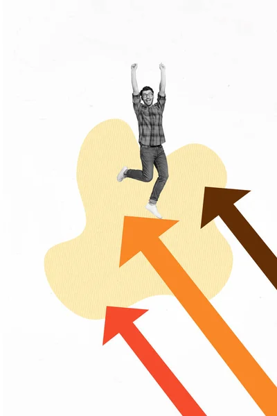 垂直創造的な写真のコンセプトコラージュの恍惚とした喜びの男の手を上げるジャンプ勝利宝くじは描かれた背景に孤立 — ストック写真