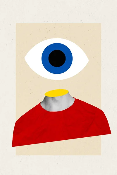 Vertikální Koláž Obraz Bezhlavé Osoby Obrovské Kreslení Pozorování Oko Izolované — Stock fotografie