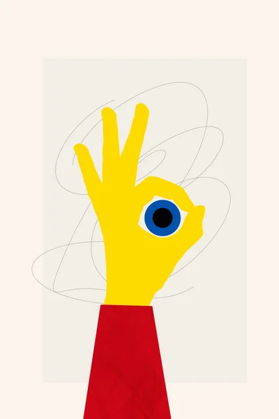 創造的な背景に隔離されたキーシンボルを示す腕の指の内側の目の垂直コラージュ画像 — ストック写真