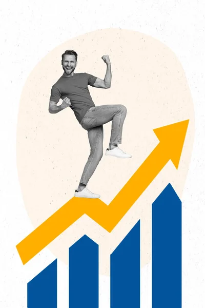 Creatieve Promo Collage Van Jonge Succesvolle Ondernemer Guy Zijn Bedrijfsstatistieken — Stockfoto