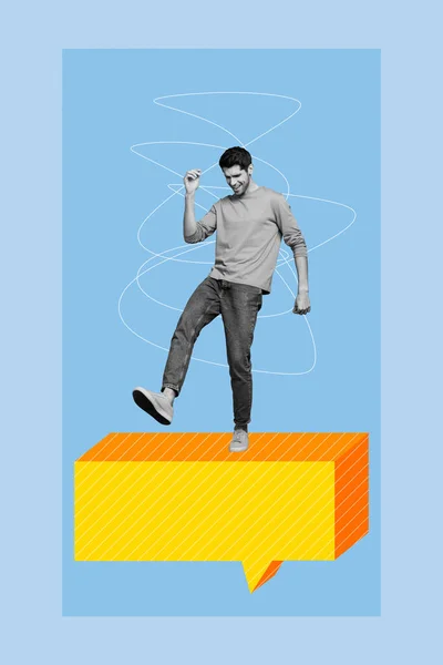 垂直写真コラージュの若い男ファンキーダンス上の大きな着信通知からメッセンジャー電報3Dモデル隔離上青の背景 — ストック写真