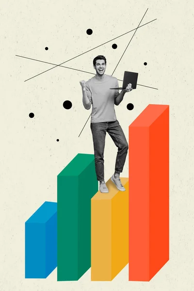 Vertikalt Målade Collage Unga Data Analytics Google Arbetstagare Knytnäve Upp — Stockfoto