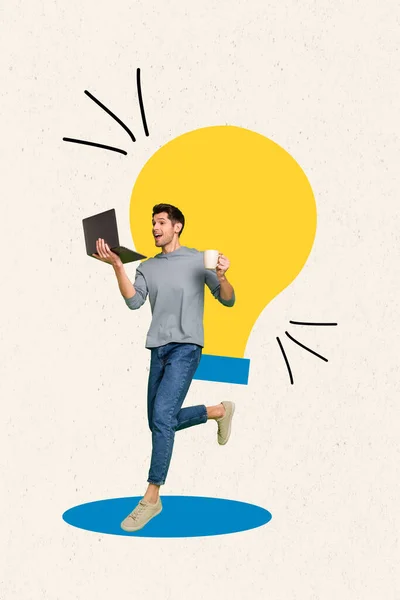 Samengestelde Collage Van Jonge Opgewonden Man Met Laptop Brainstorming Zoom — Stockfoto