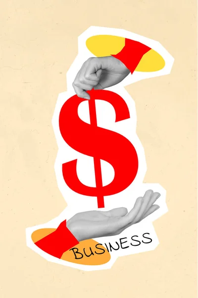 有创意的海报拼贴图片形象两个人的胳膊抱着Usd标志赚取金钱的商业团队孤立在油漆背景下 — 图库照片