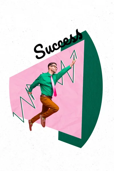 垂直コラージュ写真のエレガントなビジネスマンジャンプ手ホールド成長上成功矢印隔離された白の背景 — ストック写真