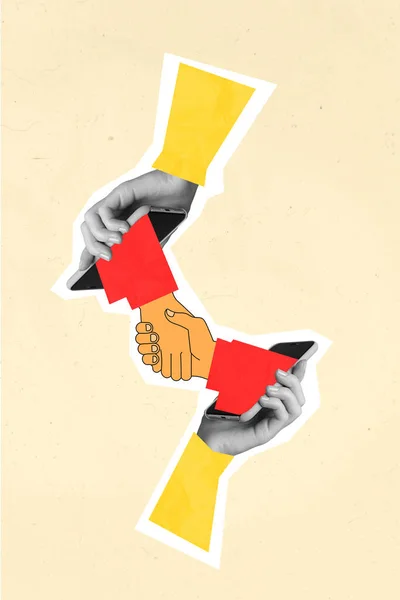 Kreatív Kép Kollázs Kép Magazin Két Emberi Kar Kézfogás Sikeres — Stock Fotó