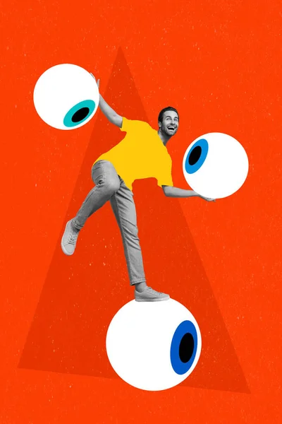 Sammansatt Collage Rolig Kille Metafor Konstverk Positiv Person Enorma Ögon — Stockfoto