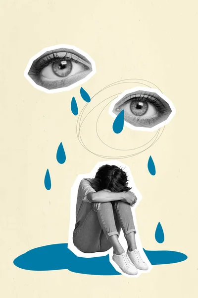 Verticale Collage Huilen Ogen Silhouet Depressieve Zittende Vrouw Plas Tranen — Stockfoto