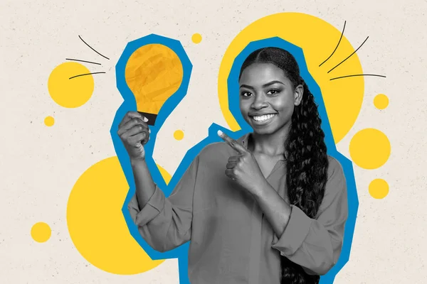Kreativ Collage Unga Leende Företagare Kvinna Hålla Lampa Direkt Finger — Stockfoto