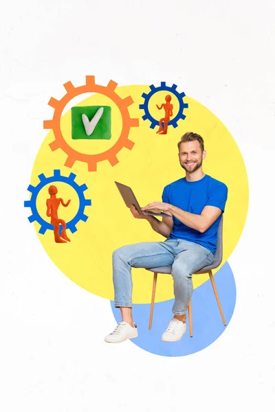 Vertical Collage Picture Positive Guy Sit Chair Use Netbook Plasticine — Stock Photo, Image