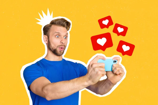Collage Von Jungen Mann Bloggt Halten Telefon Tragen Blaues Shirt — Stockfoto